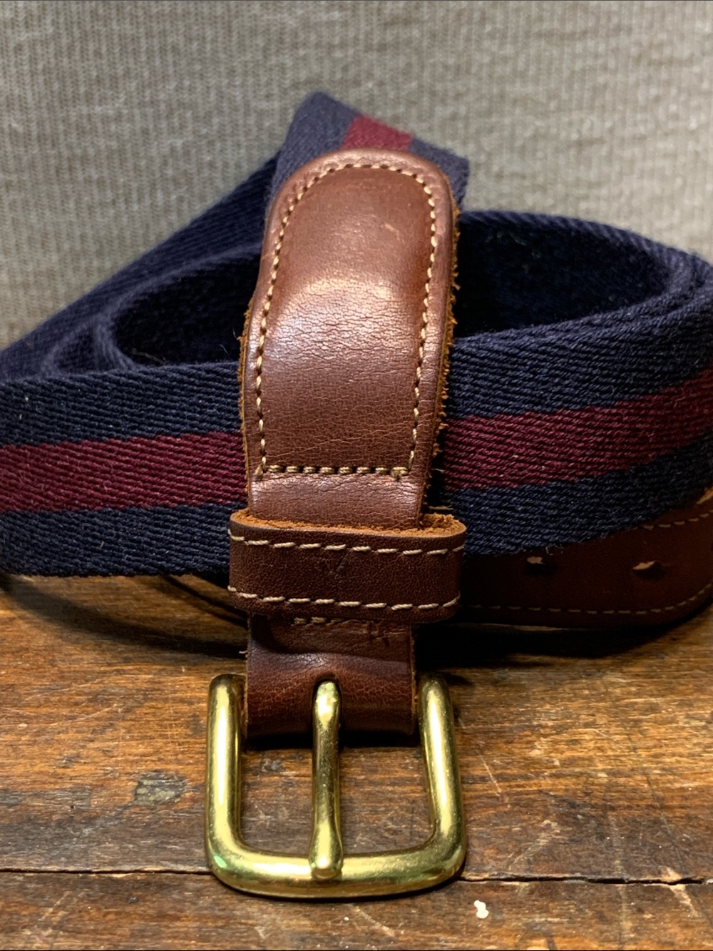 PRESTON NAVY BLUE AND BURGUNDY STRIPED CANVAS AND LEATHER PREPPY BELT
